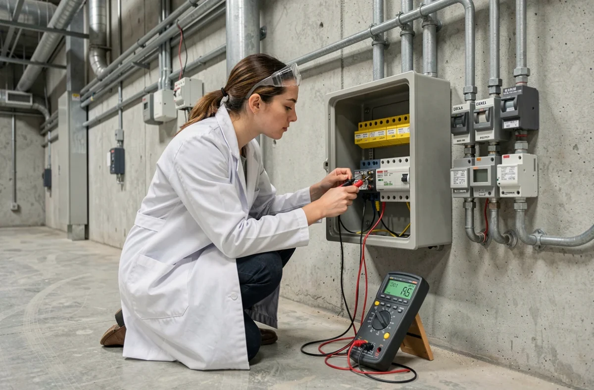 Technicienne mesurant une tension en courant alternatif avec un multimètre sur un tableau électrique industriel