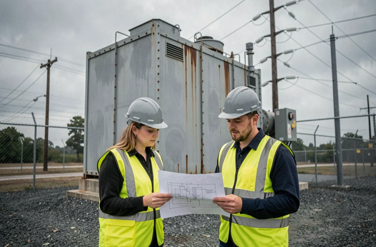 Deux techniciens consultant un schéma devant un transformateur triphasé monophasé extérieur en sous-station industrielle