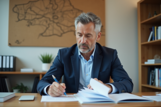 Homme en blazer bleu examine des documents d'urbanisme