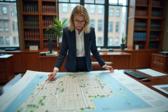 Femme en blazer analysant un plan de zonage en mairie
