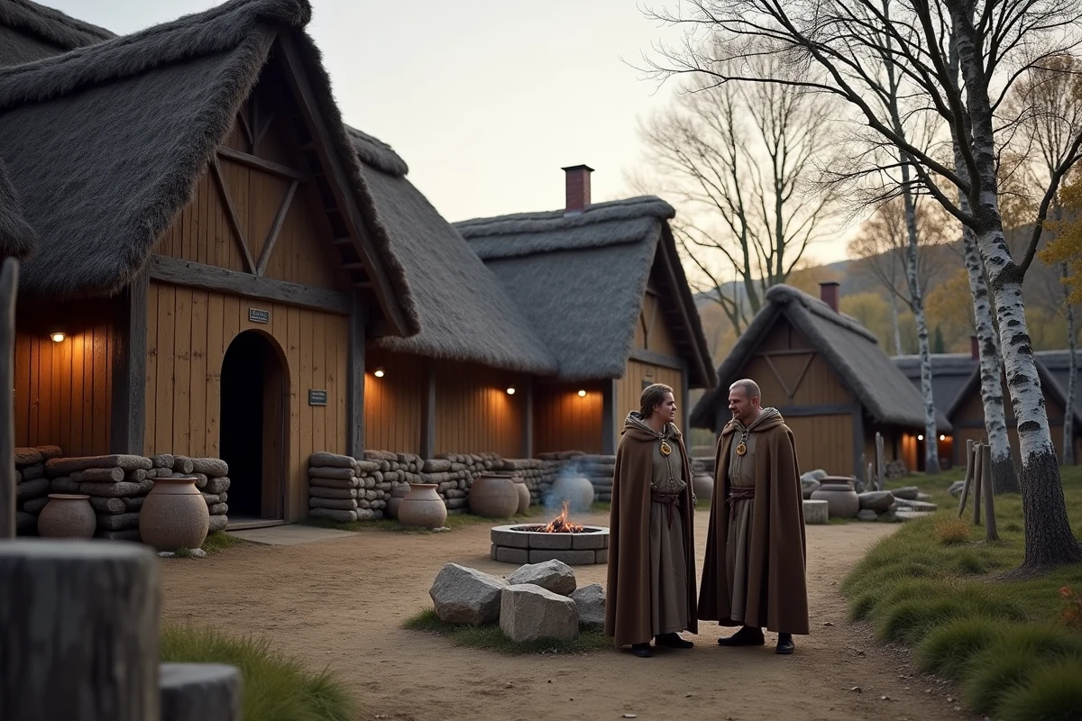 Village viking reconstitué au crépuscule avec maisons longues en bois et paille et reenacteurs en costume médiéval nordique