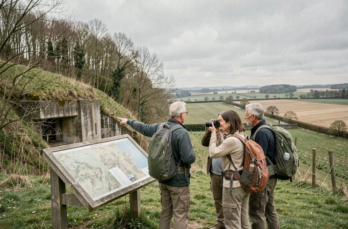 Groupe de visiteurs devant un panneau d'interprétation du bloc 3 ASPOLT à Laudrefang, tourisme mémoriel en Moselle