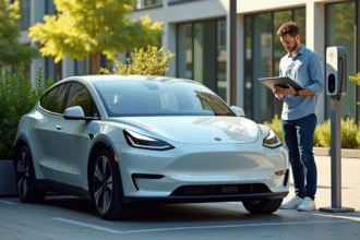 Voiture électrique moderne en ville avec un professionnel utilisant une tablette