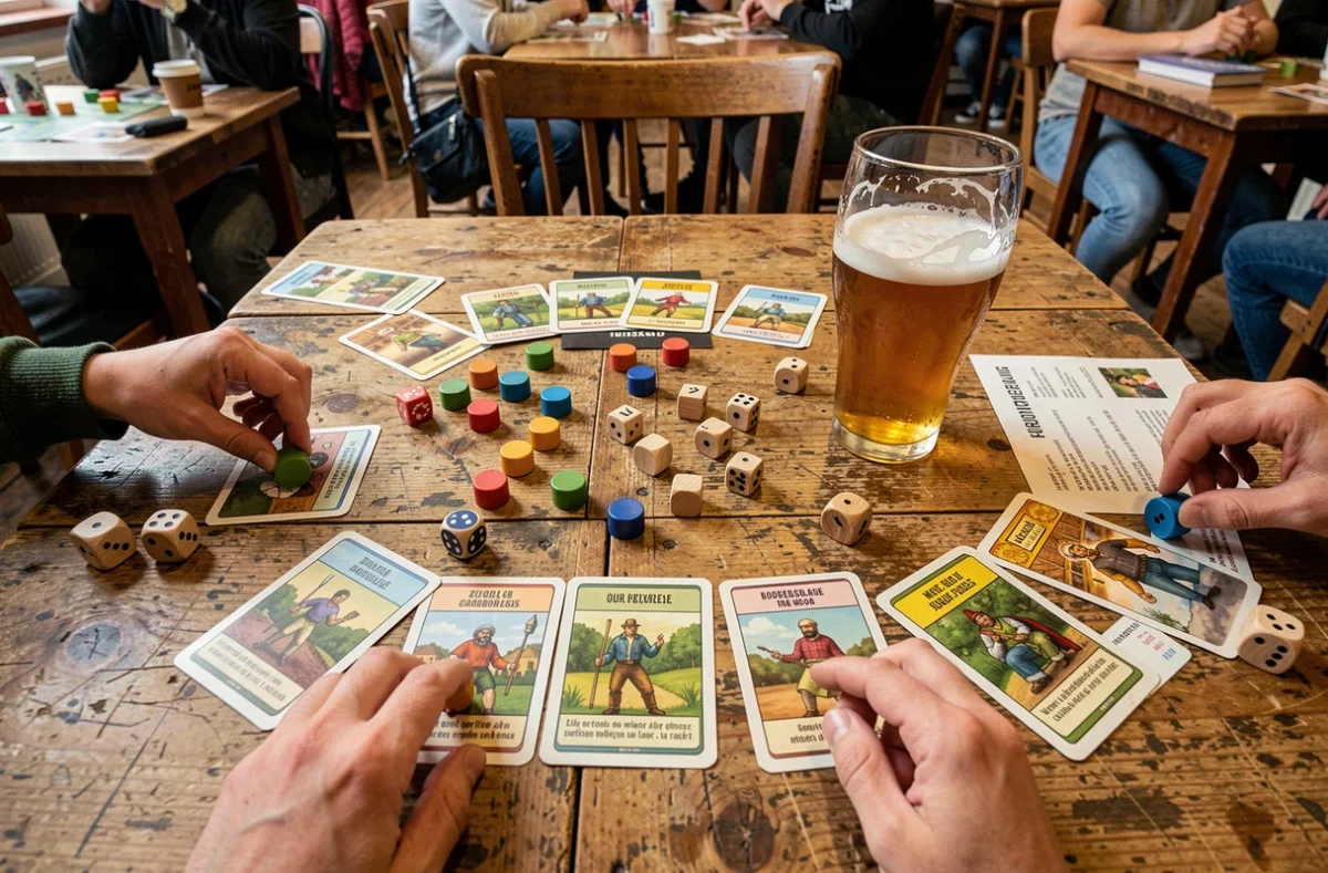 Vue de dessus d'un jeu de société en cours sur une table de bar à Toulouse avec bière artisanale et accessoires de jeu